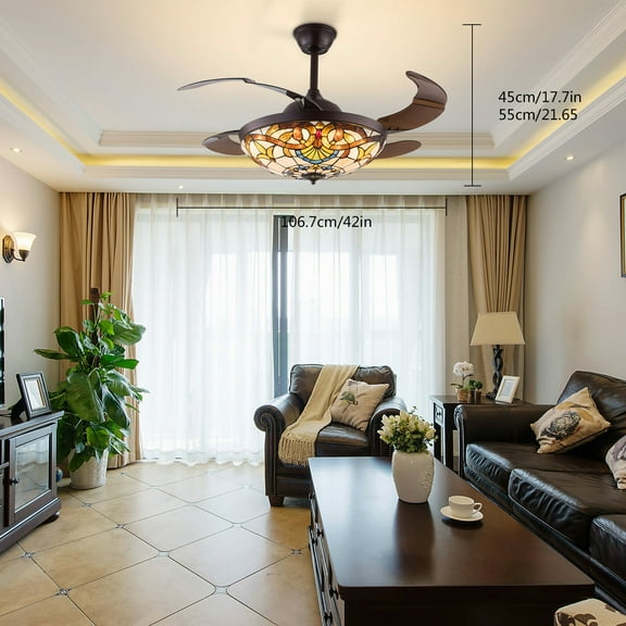 Tiffany Ceiling Fan with Light Glass Shade LED Retractable Chandelier Stained Applicable Area 15-20m² Base Size5.9*2.36in for A Bedroom, Living Room, Kitchen