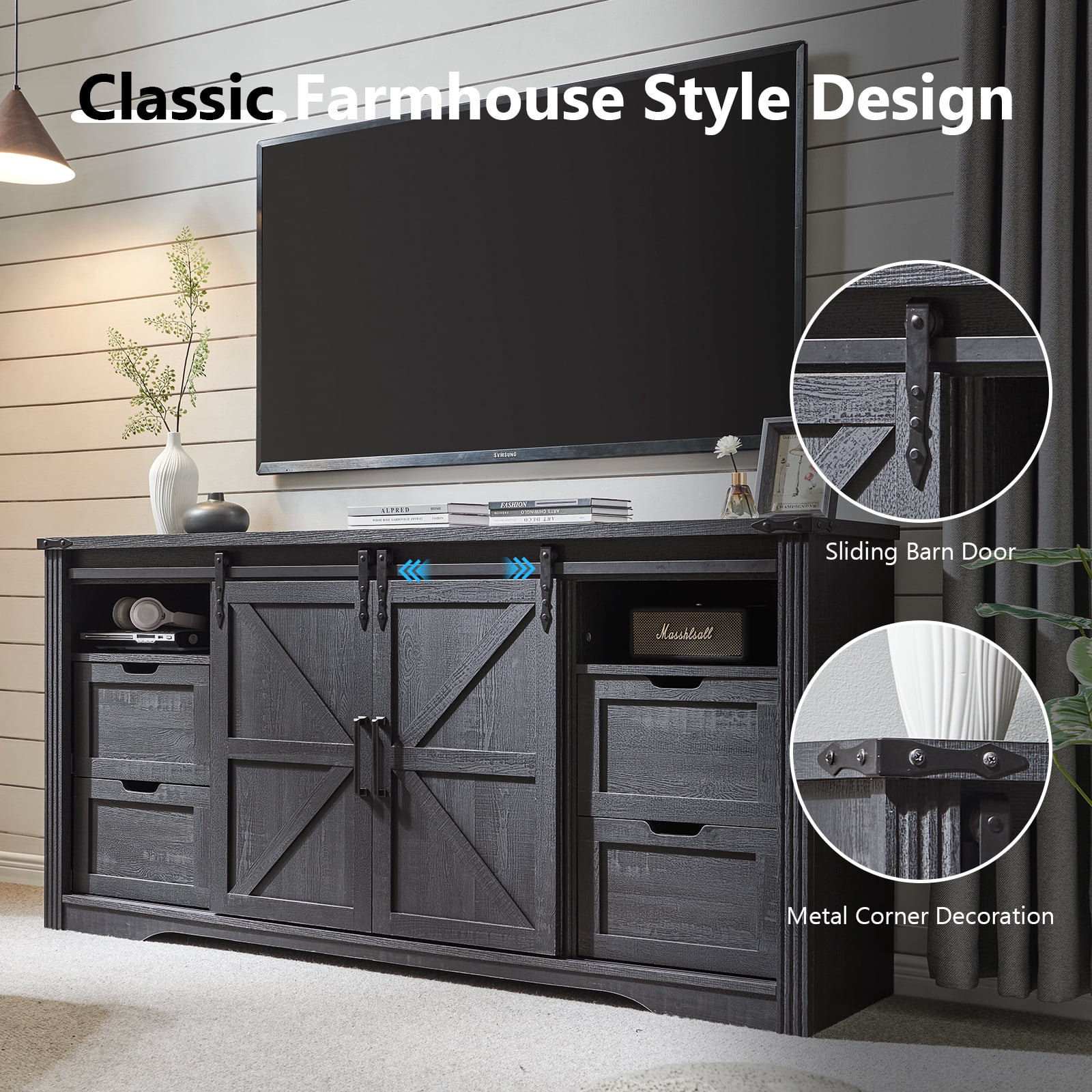 T4TREAM Farmhouse TV Stand with 4 Drawer for TVs up to 75", Farmhouse Entertainment Center with Adjustable Shelves & Barn Door, Black