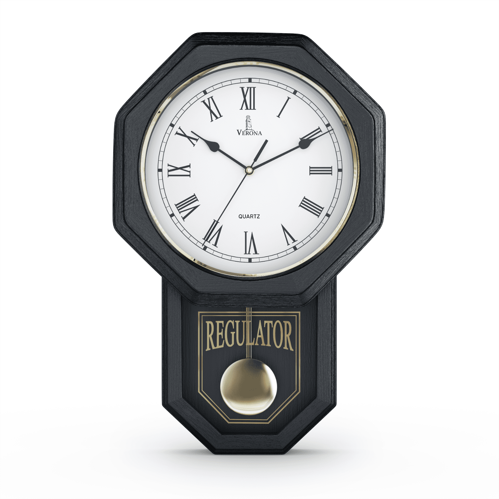 Black Pendulum Wall Clock Battery Operated - Real Wood Regulator Clock - Schoolhouse Design with Pendulum - Quiet, Non-Chiming - Wooden Wall Decor for Living Room Decor, Home, Office and Gift 18x11