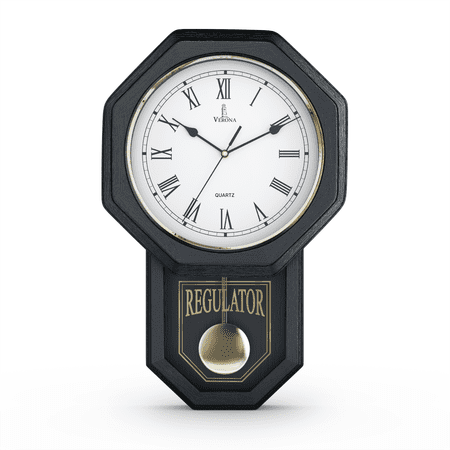 Black Pendulum Wall Clock Battery Operated - Real Wood Regulator Clock - Schoolhouse Design with Pendulum - Quiet, Non-Chiming - Wooden Wall Decor for Living Room Decor, Home, Office and Gift 18x11