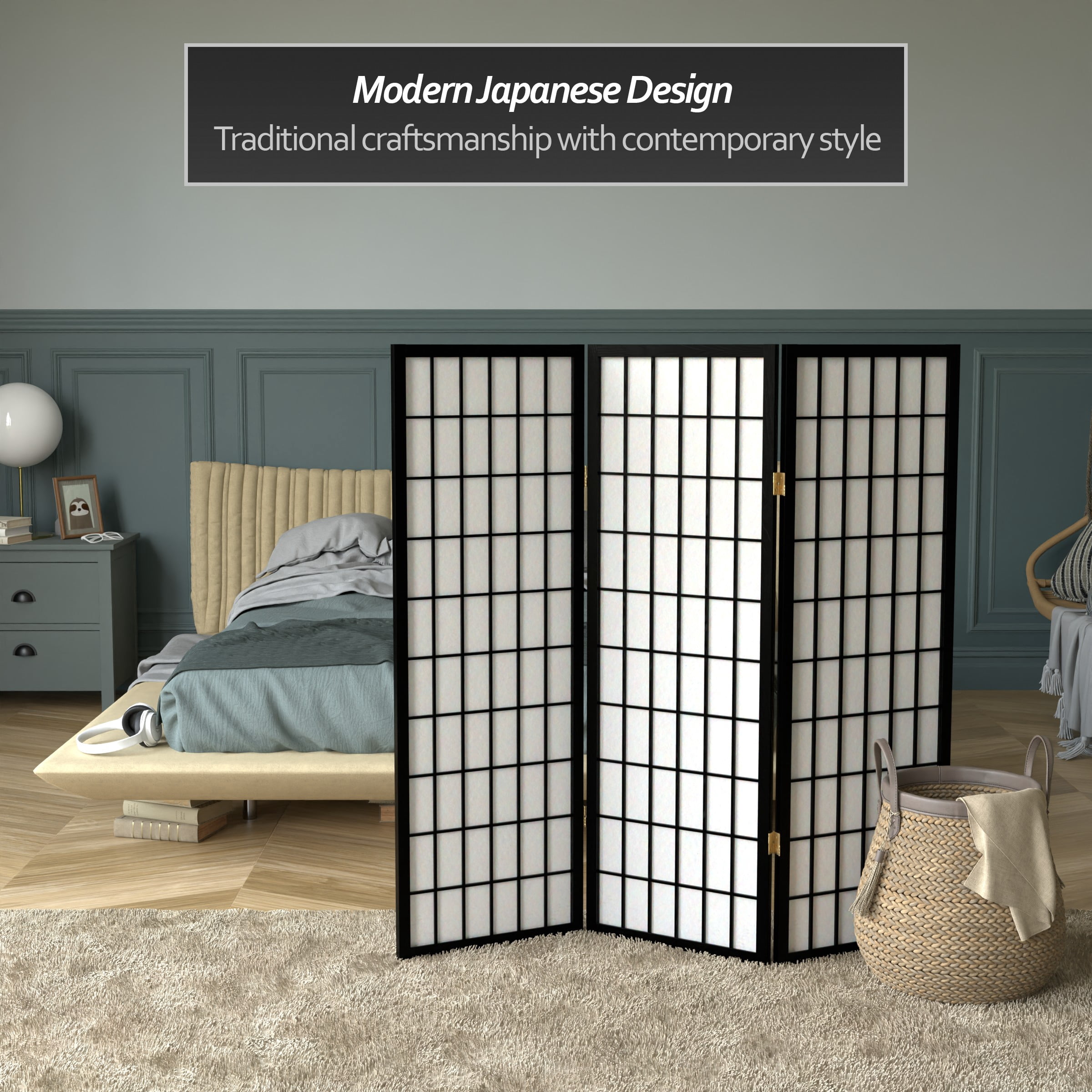 4 ft. Tall Window Pane Shoji Screen - Black - 3 Panels