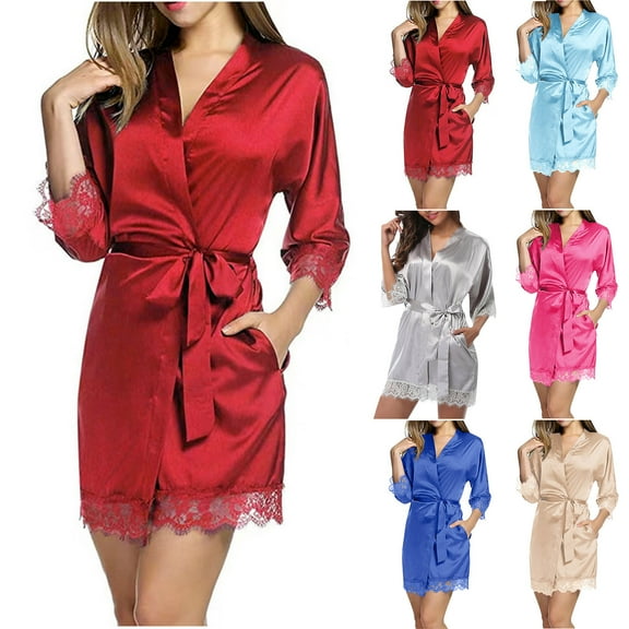 THDHVS Womens Pajamas,Robes for Women,Summer V neck 3/4 Sleeve Housecoat Duster Lounger Robe with Pockets for Womens Beige L