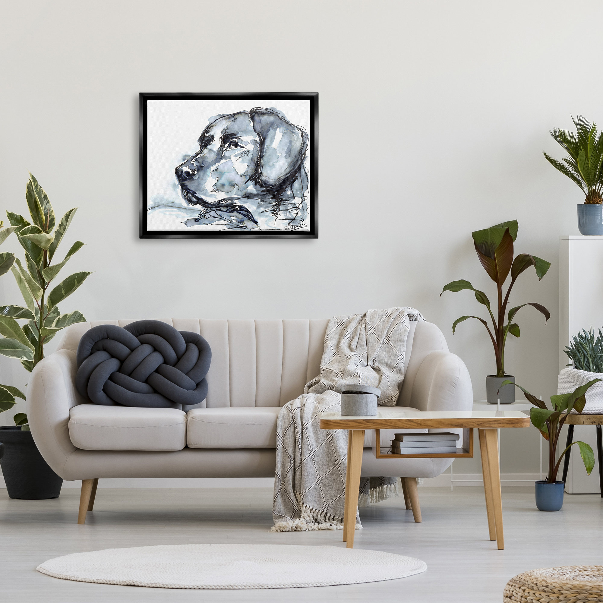 Stupell Industries Dog Watercolor Portrait Animals & Insects Painting Black Floater Framed Art Print Wall Art, 31 x 25