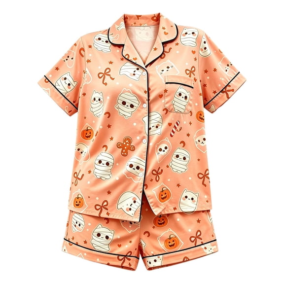 WOYY Halloween Pajamas for Girls Cute Short Sleeve Button Down Shirt Shorts, Sizes 2-16