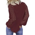 thumbnail image 2 of Haut Femme Blouse en Dentelle Manches Longues Col Rond T-Shirt Couleur Unie, Rouge Vin, L, 2 of 5