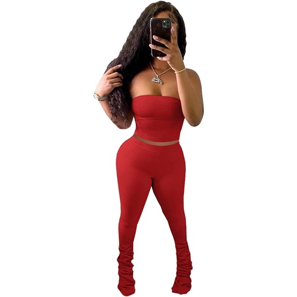 Conjunto de dos piezas de tela de algodón para mujer, parte inferior larga, pantalones fruncidos, pantalones de pelo de dos piezas, rojo, talla XL Xishao ropa