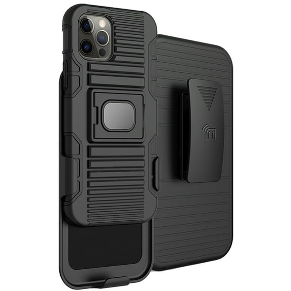 Nakedcellphone Black Rugged Case Cover [with Finger Grip Stand]   [Built-In Mounting Plate]   [Belt Clip Holster] for Apple iPhone 12 Pro Max (6.7")