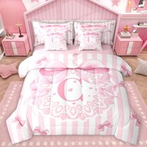 Homewish Kawaii Letter C Bedding Comforter Set 7 Pieces for Kids, Cartoon Bowknot Monogrammed Full Bedding Set, Girly Pink Stripe Lines Reversible Fitted Sheet Flat Sheet, Ultra Soft Bedroom Decor