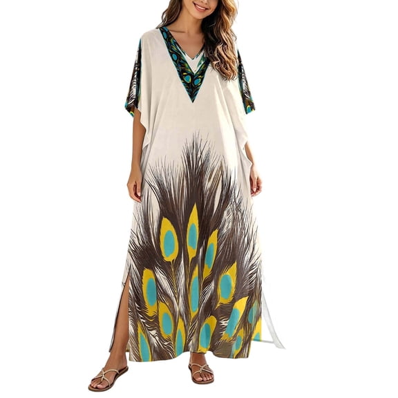 Women Floral Print Kaftan Dresses Plus Size Bathing Suit Cover Up Moo Moos Caftan Beach Dress for Swimwear Summer for Home Lounging Beach Resort(Blue,One Size)
