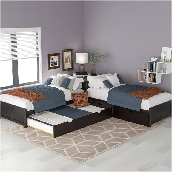 JERFIT Platform Bed with Trundle and Drawers Linked with built-in Desk Twin Espresso(Old