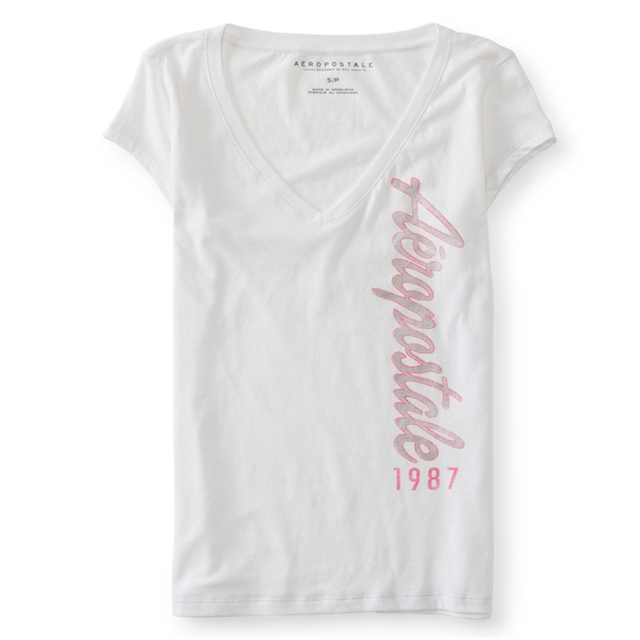 Aeropostale Vertical Script Camiseta gráfica para mujer, blanca, extra pequeña Aeropostale Camiseta gráfica
