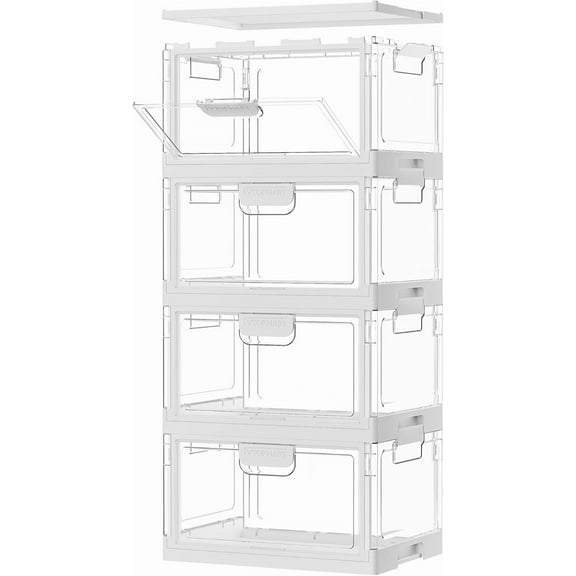 4 Pack Clear Stackable Storage Bins with Lids 24QT, Foldable Storage Boxes with Doors Open Front, Plastic Containers for Closet, Craft, Toys, Pantry Organization