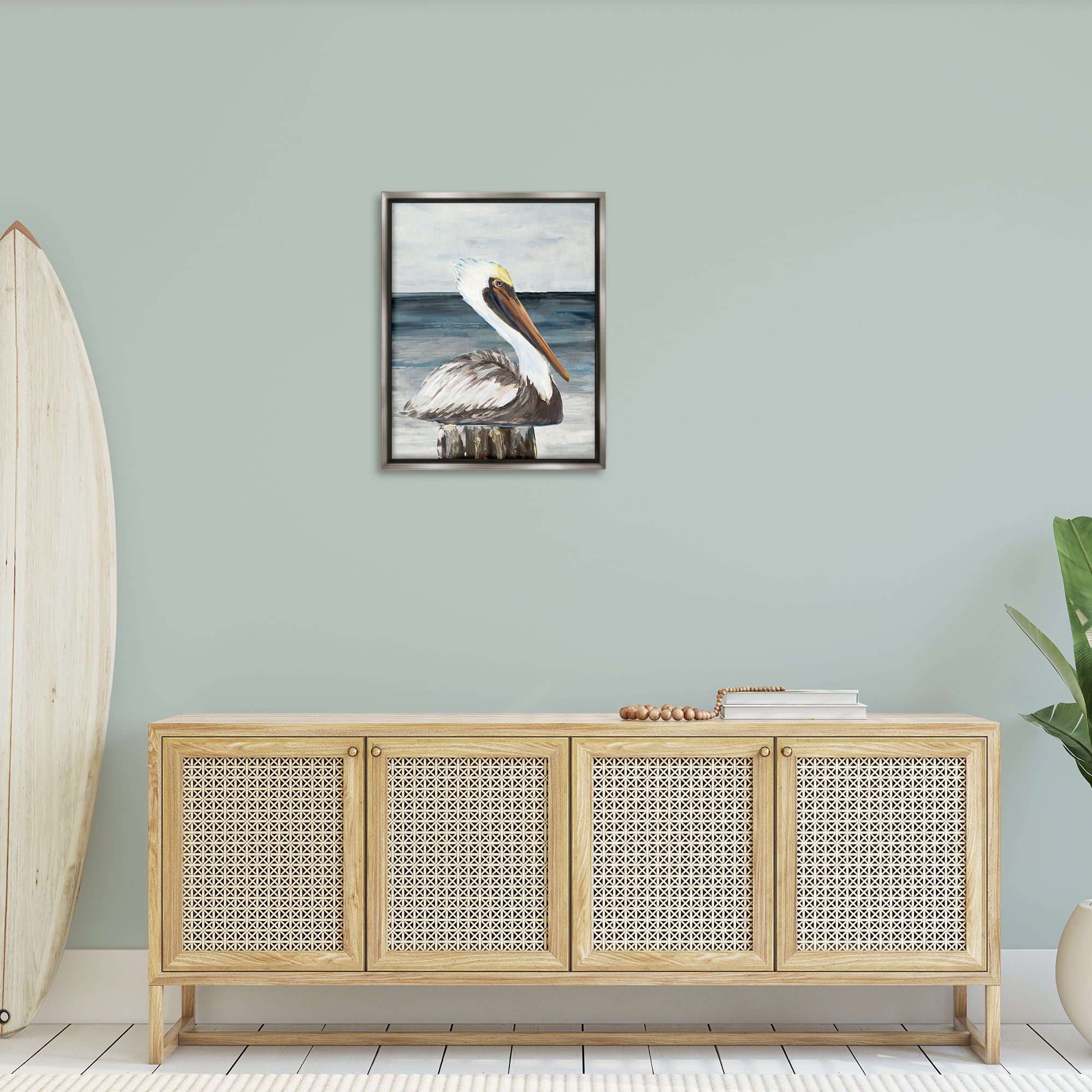Stupell Industries Resting Beach Pelican Animals & Insects Painting Gray Floater Framed Canvas Art Print Wall Art, 25 x 31