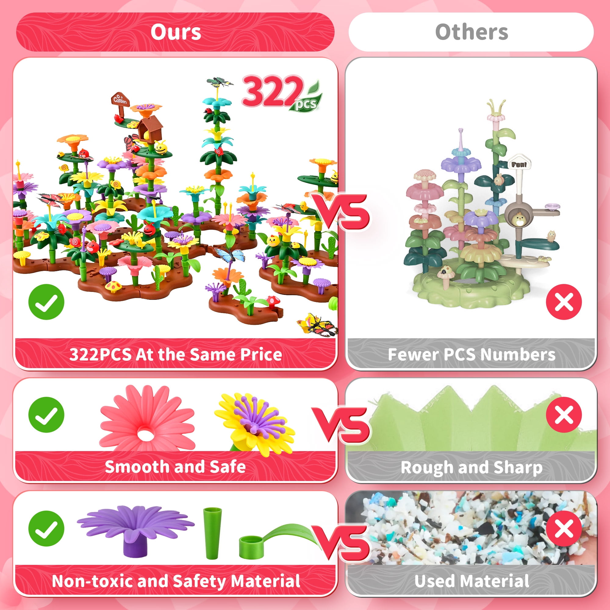 Flower Building Block Set - 322 PCS Flower Garden Toy Set for Girls, STEM Educational Kids Toys, Brain Development Preschool Kindergarten Toy for Girls 3-8