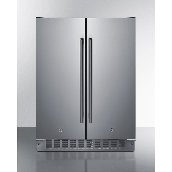 24" wide undercounter frost-free side-by-side refrigerator-freezer in stainless steel with locks, stainless steel handles, and digital controls