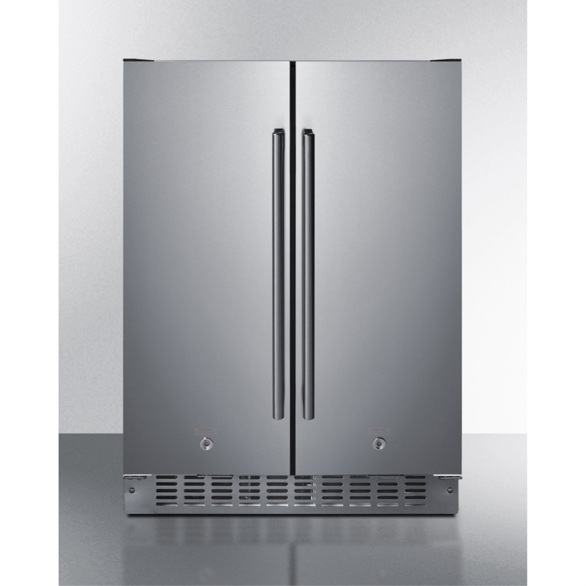24" wide undercounter frost-free side-by-side refrigerator-freezer in stainless steel with locks, stainless steel handles, and digital controls
