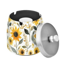 Yayeee Ashtray with Lid for Cigarette Smokeless Stainless Steel Home Ash Holder, White Watercolor Sunflowers