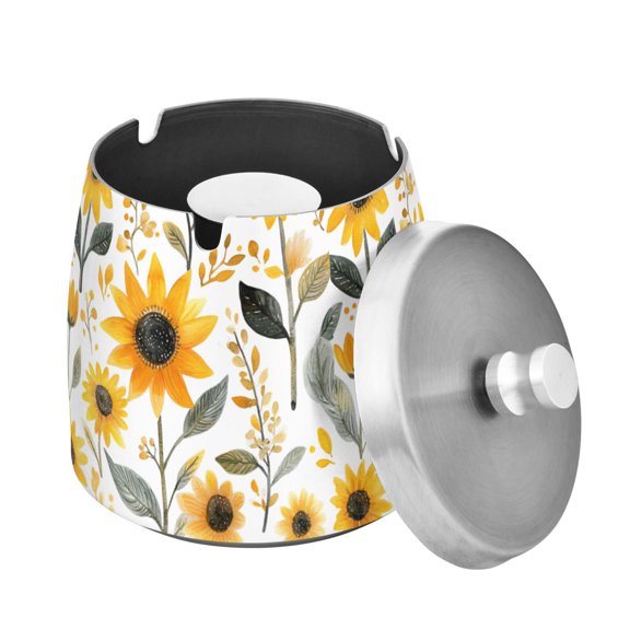 Yayeee Ashtray with Lid for Cigarette Smokeless Stainless Steel Home Ash Holder, White Watercolor Sunflowers