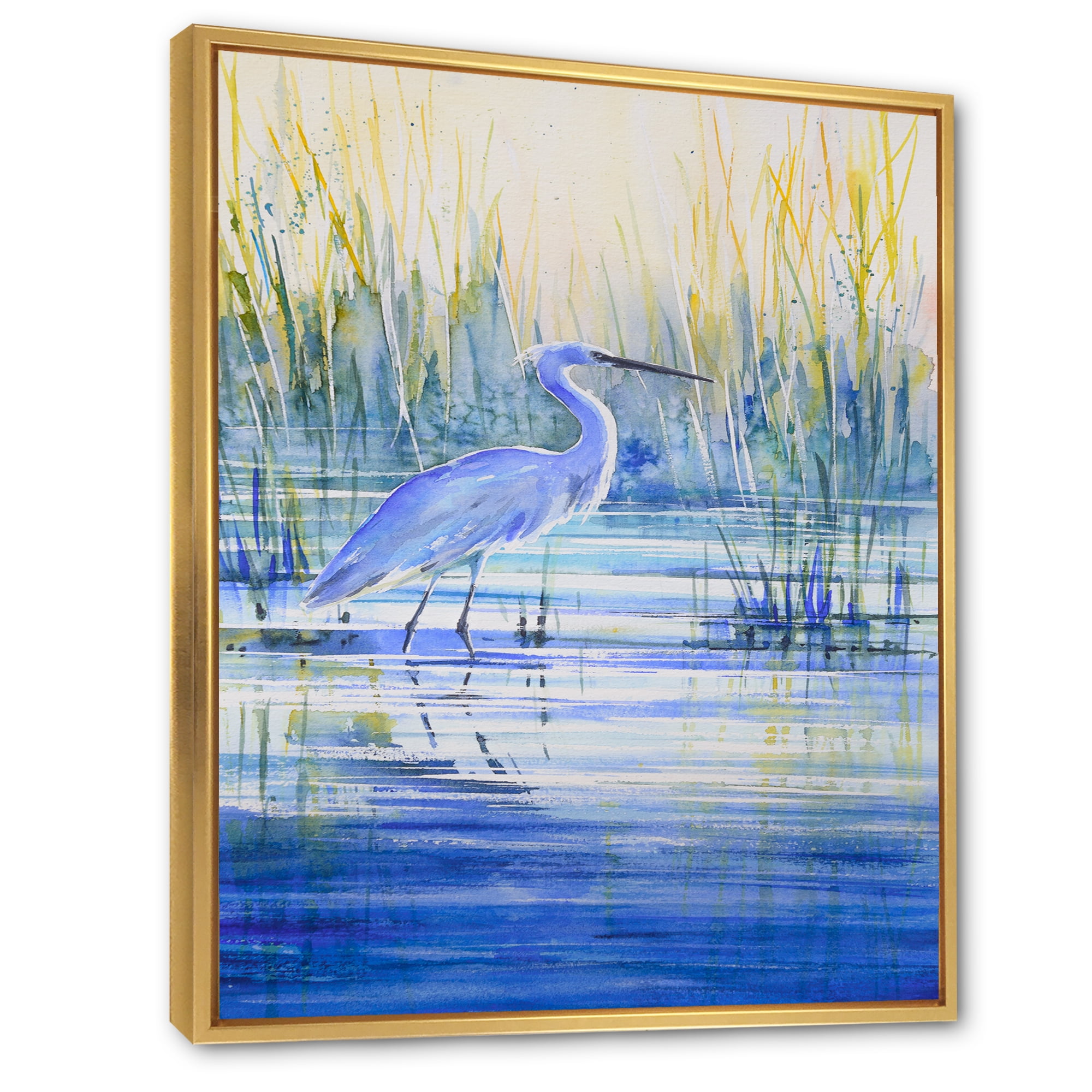 Blue Heron On The Lake Shore 12 in x 20 in Framed Painting Canvas Art Print, by Designart