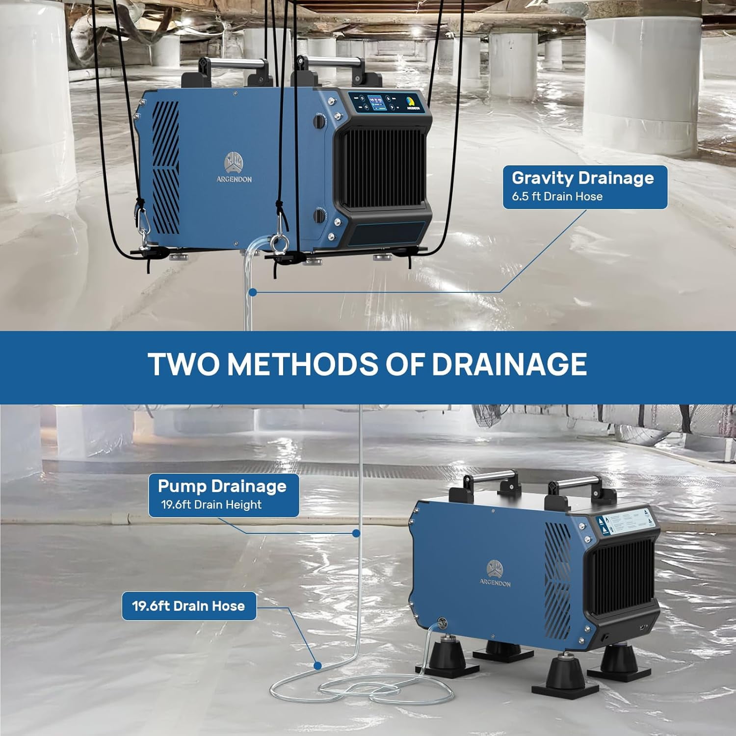 ARGENDON 145 Pint Crawl Spaces Dehumidifier with Pump,  Certified Commercial Dehumidifiers with Drain Hose for Basement, Auto Defrost, Compact,  up to 1800 Sq.Ft