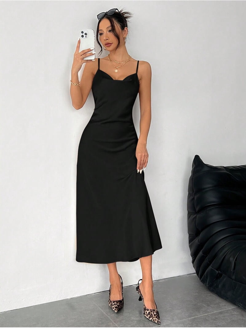 Black Satin Slip Dress With Spaghetti Straps And V-Neck For Evening Or Date Wear, Women's, Size: Medium Petite