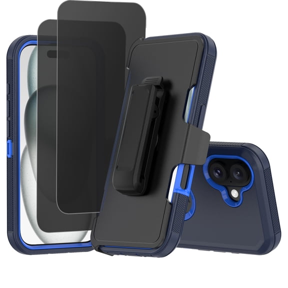 Hotpom Case for iPhone 16 Plus Heavy Duty Shockproof Dustproof Phone Case with Privacy Screen Protector Tempered Glass & Belt Clip, Dark Blue/ Blue
