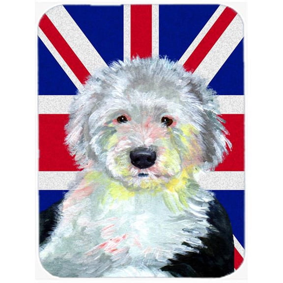 Old English Sheepdog With English Union Jack British Flag Glass Cutting Board - Large