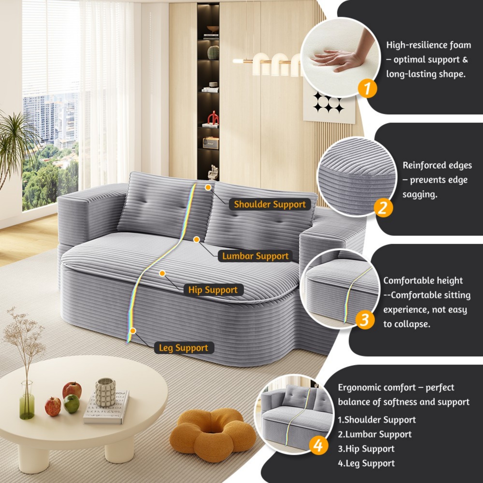 2-in-1 Convertible Sleeper Sofa Bed,78.7" Modern Foldable Sofa Plush Corduroy Fabric Sofa,Deep Seat Sofa Couch for Living Room, Bedroom,LIGHT GREY