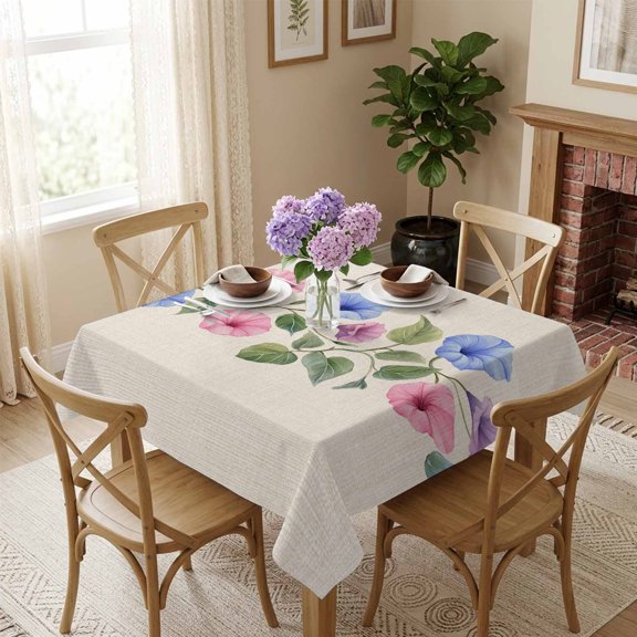 Blue Pink Flowers Square Tablecloth 54x54 Inch Rustic Beige Waterproof Polyester Table Cover, Washable Stain Resistant Tablecloth for Dining Table Kitchen Wedding