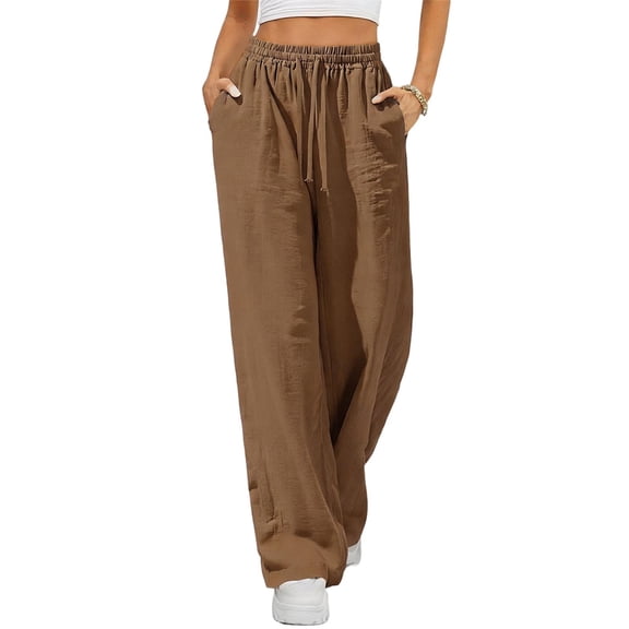 GUACER Wide Leg Pants for Women Casual Elastic Waist Drawstring Cotton Linen Trendy Trousers Relaxed Palazzo Pants with Pockets