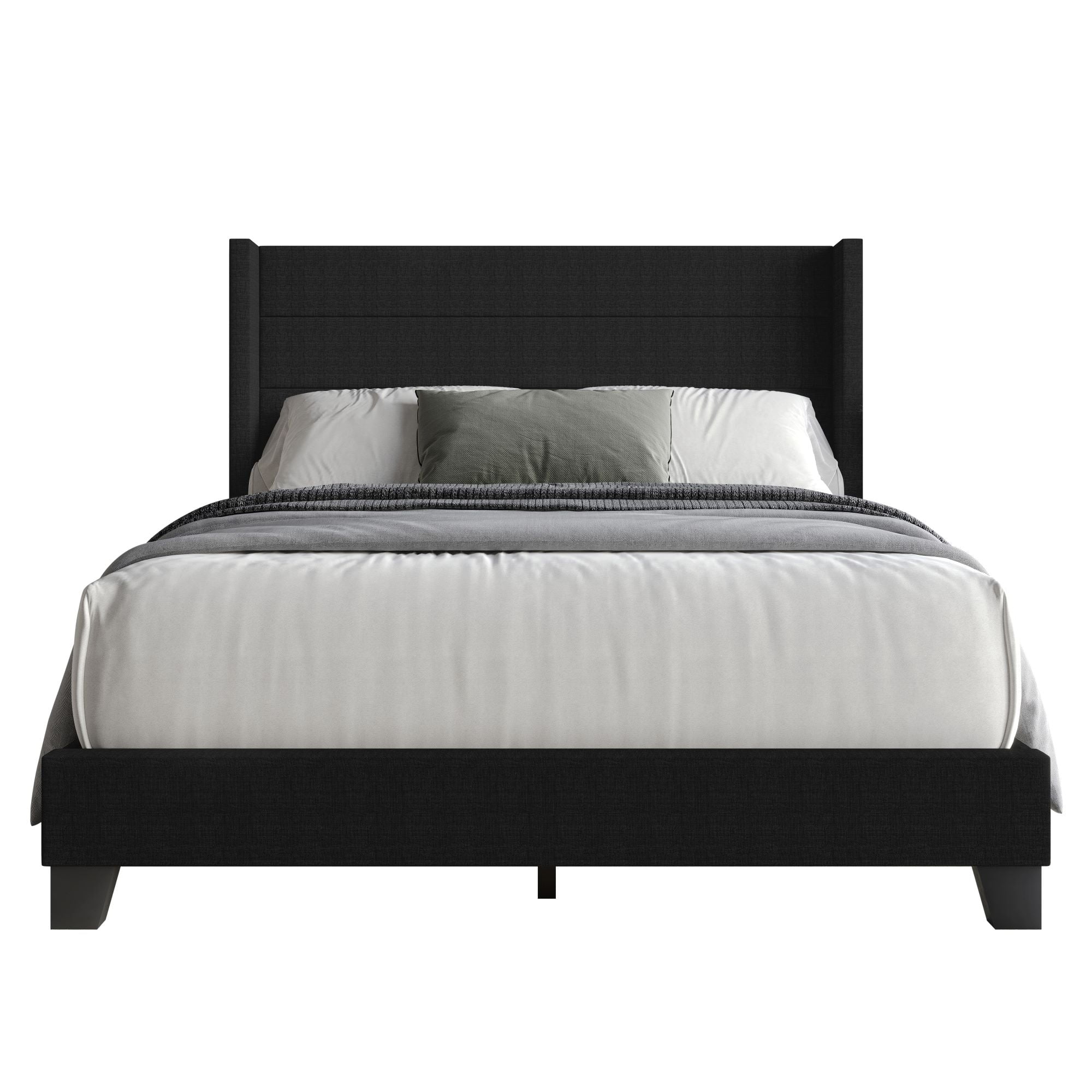 Home Design Niles King Upholstered Panel Bed Frame with Wingback Headboard and Foam-Padded Support, Black, Easy Assembly