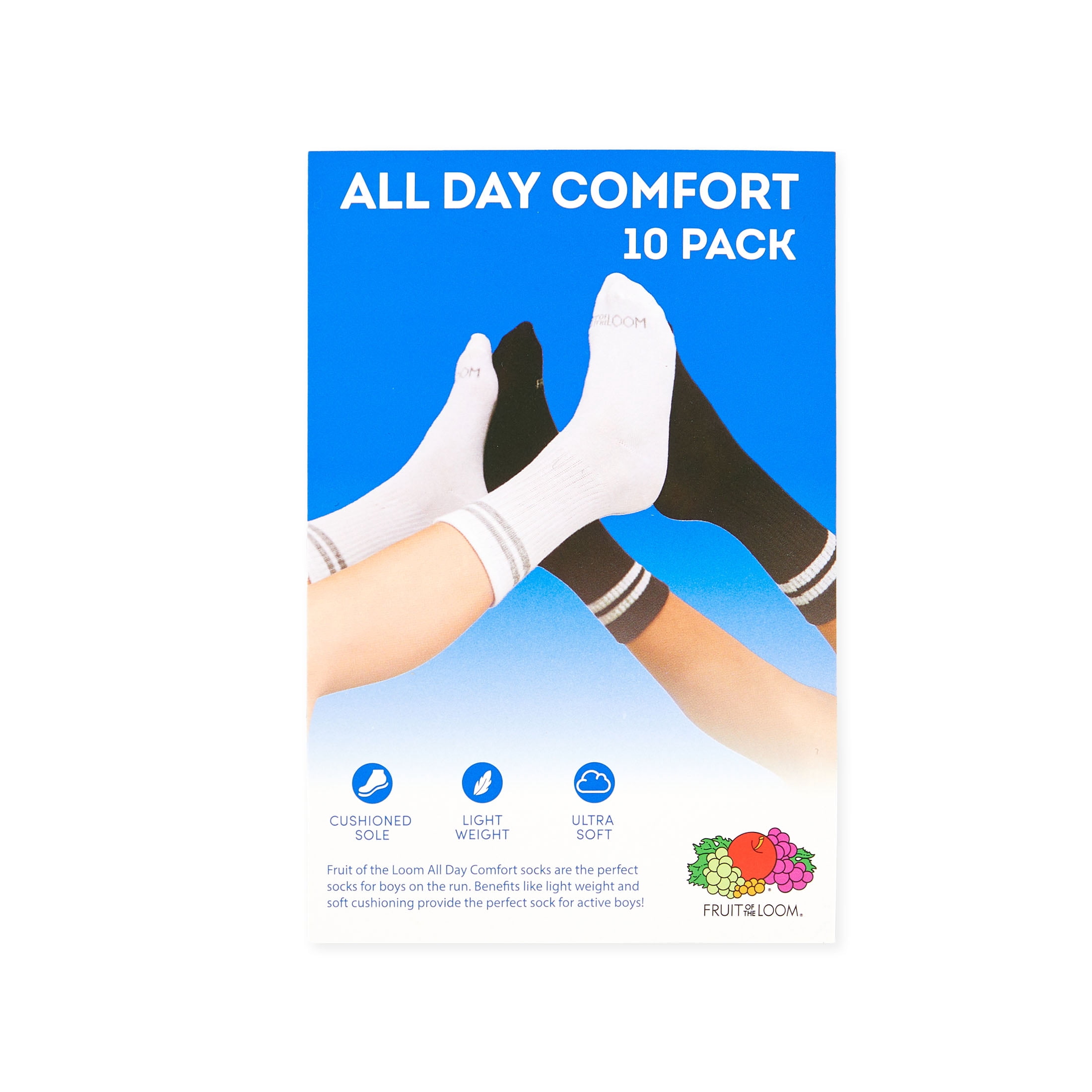 Fruit of the Loom All Day Comfort Boys Ankle Socks, Sizes 4.5-9, 10-Pack