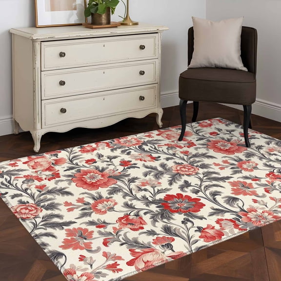 3'x5' Area Rugs, Red Black Floral Indoor Outdoor Area Rug for Living Room Bedroom, Vintage Watercolor Flower Leaf Plant Washable Bathroom Rugs Kitchen Floor Carpet Mats Home Decor Aesthetic