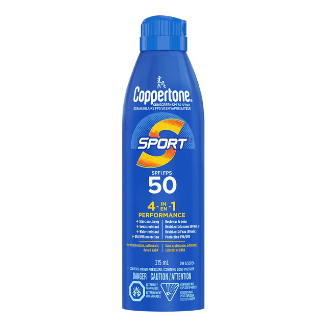 Coppertone Sport Sunscreen Spray SPF 50, 4-in-1 Performance, Sweat and Water Resistant Spray Sunscreen, 215 ml