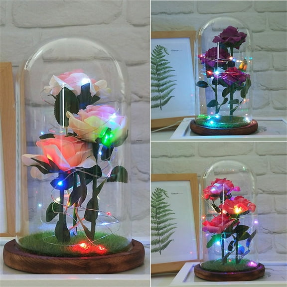 Rose Gifts for Women, Birthday Gifts for Mom and Grandma, Rose in Glass Dome on Mothers Day, Xmas, Valentine Day, Rose Artificial Flowers Decor with LED Strip