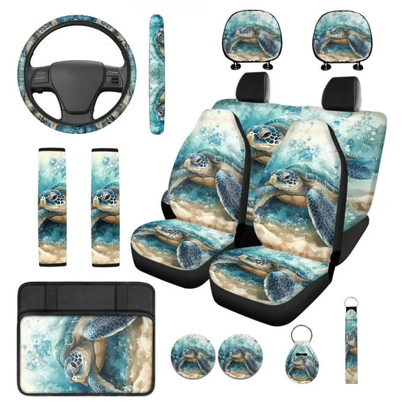 Yuyamidu Blue Sea Turtle Car Seat Covers Full Set of 4 Fashion Steering Wheel Cover Seat Belt Cover Car Headrest Covers Armrest Cover Coaster Keychain