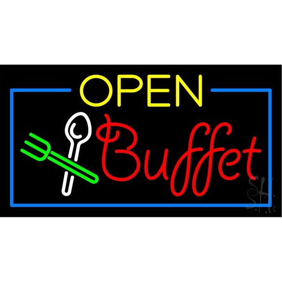 Open Buffet LED Neon Sign 13 x 24 - inches, Clear Edge Cut Acrylic Backing, with Dimmer - Bright and Premium built indoor LED Neon Sign for restaurant window and interior decor.