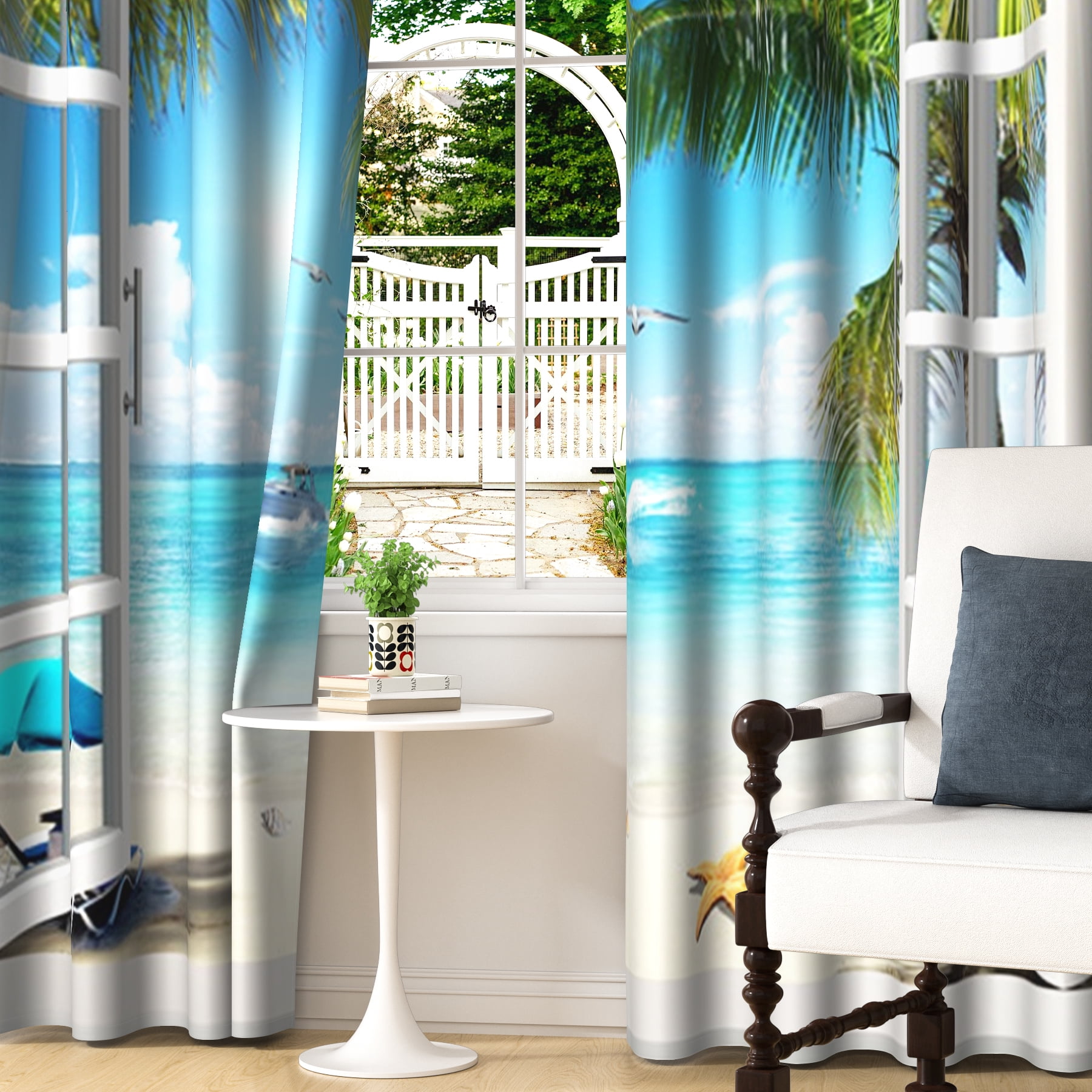 Summer Beach Blackout Curtains, Sea Waves Shell Starfish, Room Darkening Grommet Curtains, White Window View, 52"x96", 2 Panel