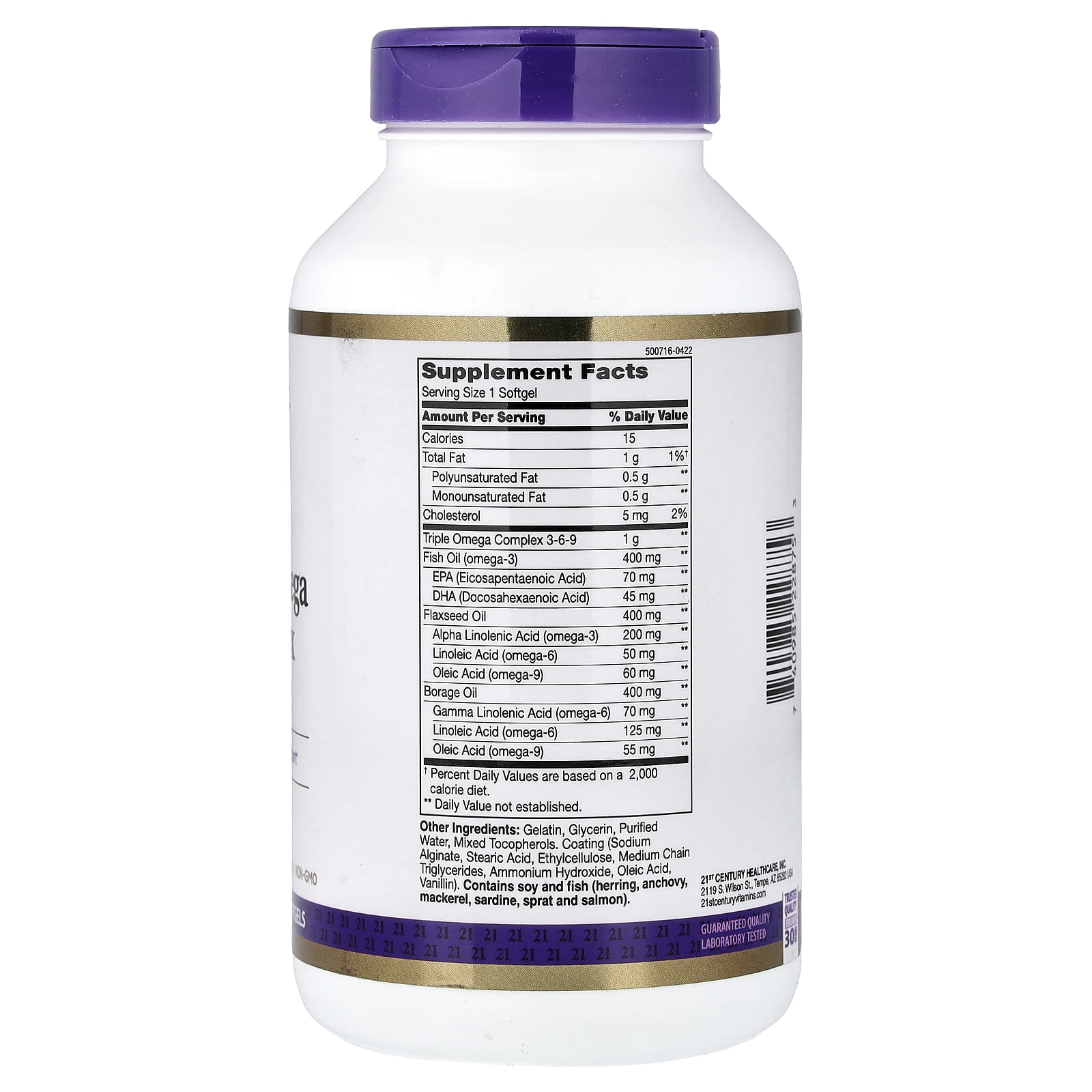 21st Century Enteric Coated Triple Omega Complex, Omega-3-6-9, Reflux-free, 180 Count
