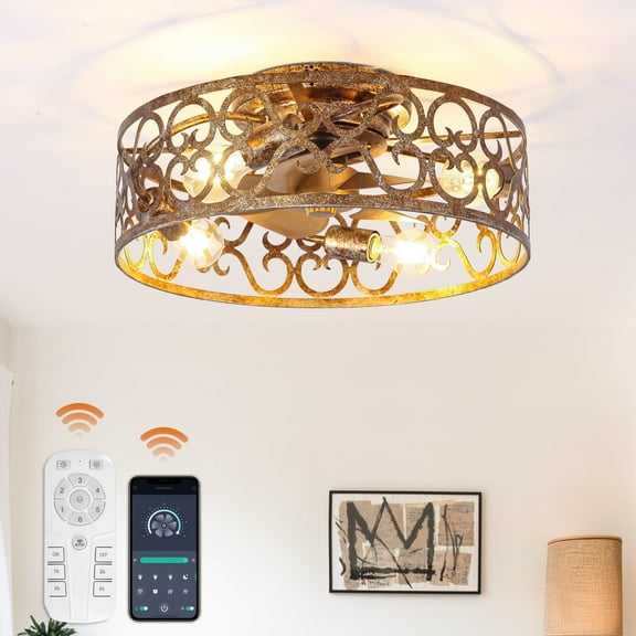 18" Vintage Weathered Gold 4-Light Flush Mount Ceiling Fan with Remote, Low Profile Ceiling Fan for Bedroom, Hallway, Living Room
