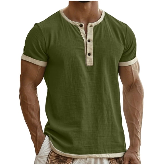 Ohufall Workout T Shirts Men Lightweight Short Sleeve Henley Shirts Gym Tees Cotton Linen Athletic Tops