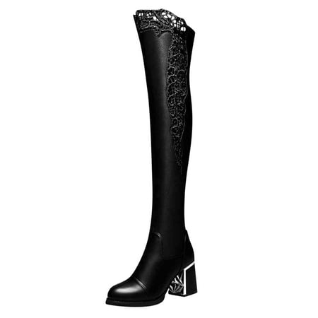 

Puawkoer Women Knee High Boots Autumn And Winter Fashion Lace Comfortable Round Toe Square Heel Thick Heel Zipper