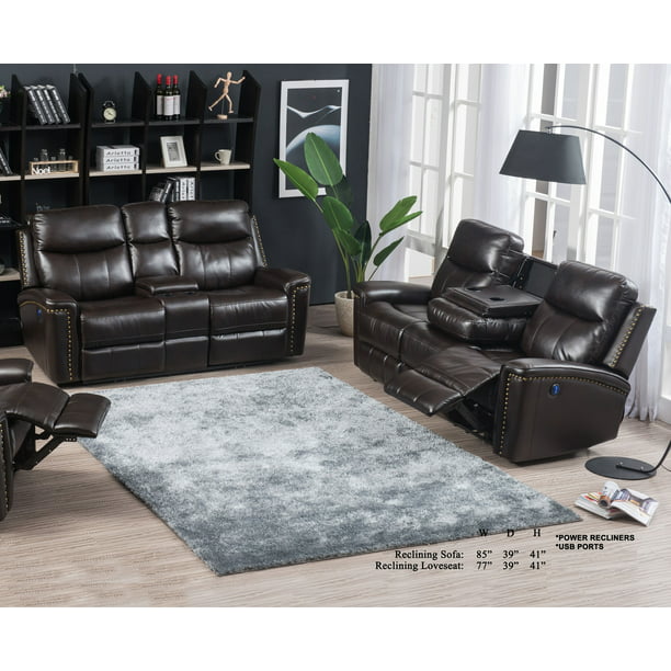 Brown Bonded Leather 2pc Sofa Set, Sofa Loveseat Set With Cup Holders On