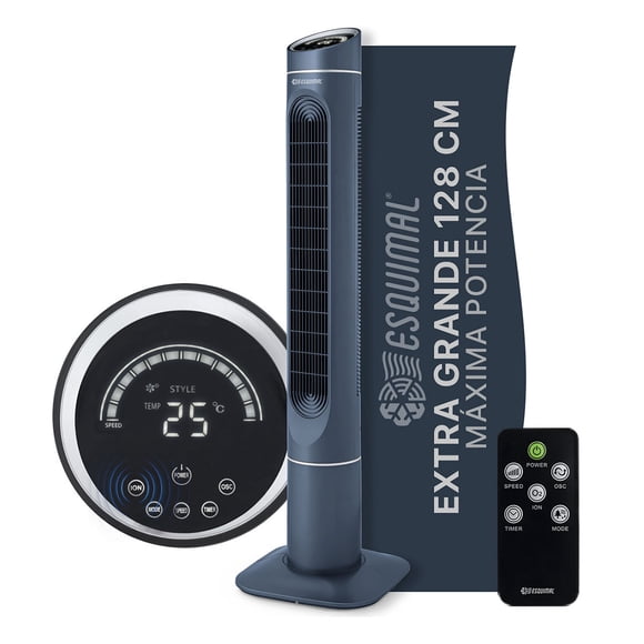 Ventilador de Torre 128 cm ESQUIMAL con Ionizador, Purificador de Aire con caja de Aromas, Panel Táctil LED, Oscilación 90°, Temporizador 7.5 h, Color Azul.