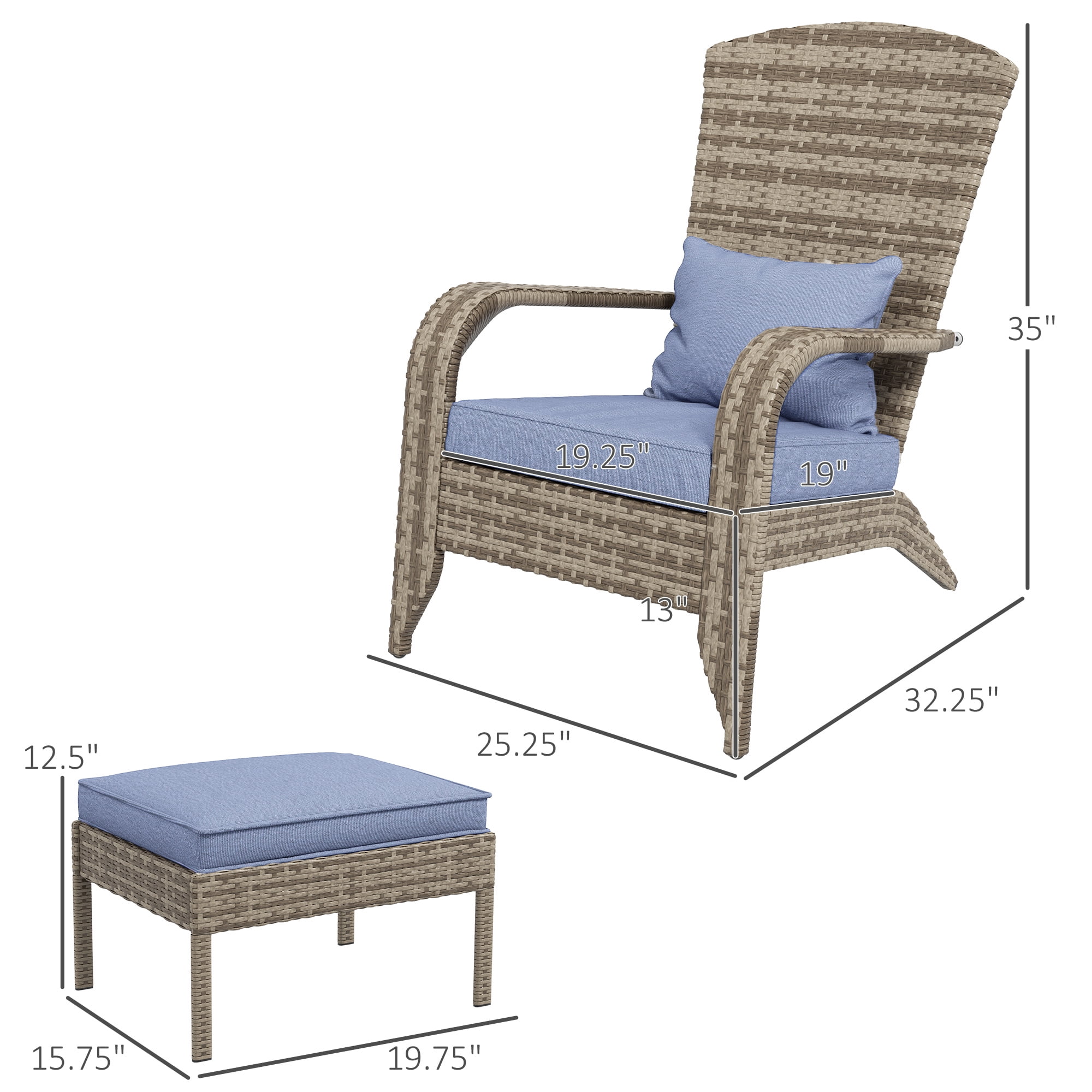 Comfortable,Soft Upholstered Cushions and Footstools,Patio Wicker Adirondack Chair with Ottoman,Outdoor Fire Pit Chair with Cushions, High-Back,Large Seat & Armrests for Deck,Garden & Backyard,Gray