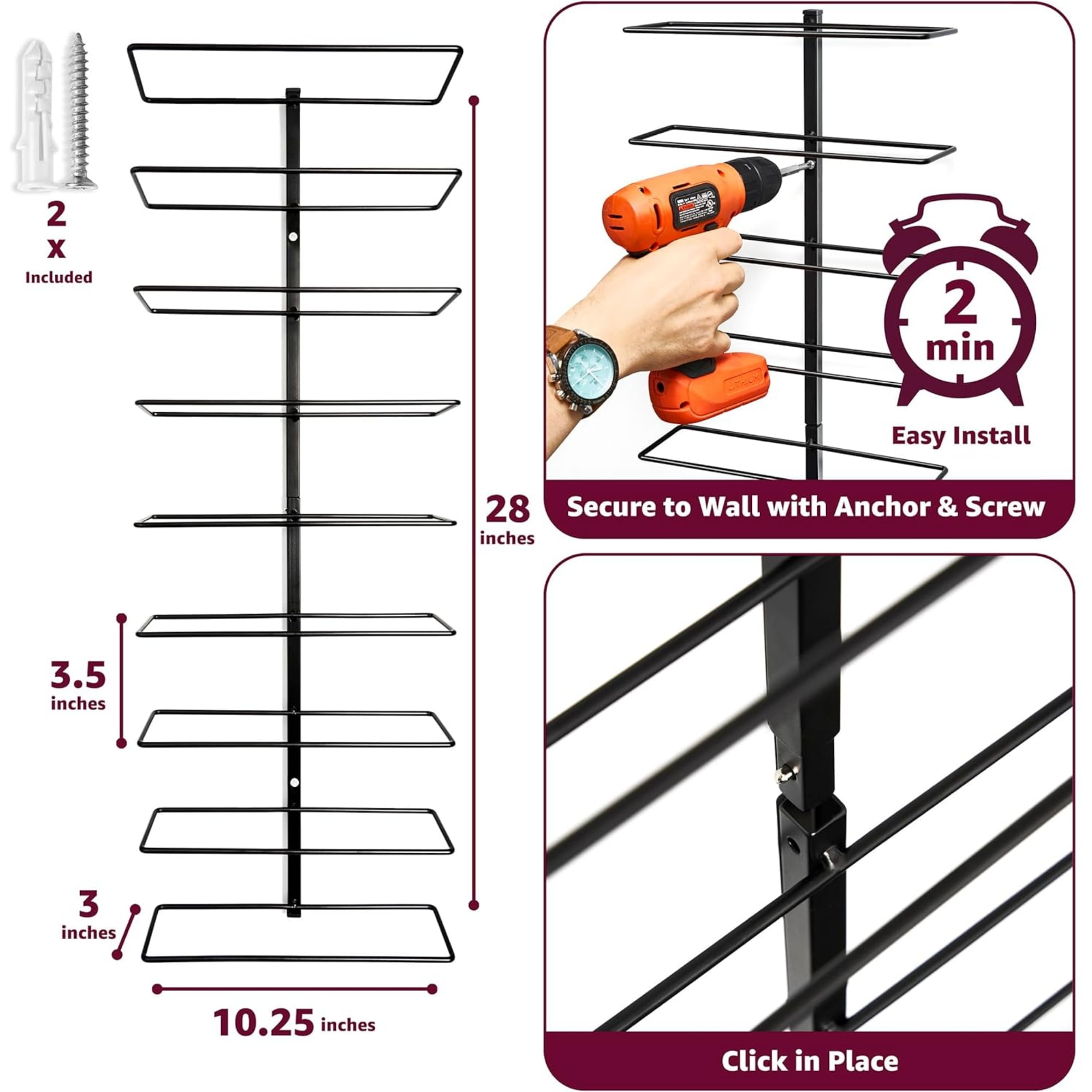 Sorbus Stackable Wine Rack Wall Mount, Black, 3 Pack