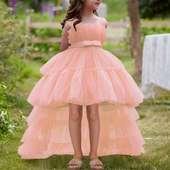 Bxsruta Red Tiered Tulle Pageant Gown with Train, Round-Neck Performance Dress for Ceremonies & Stage Events