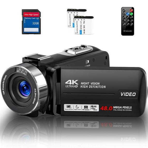 Videocámara 4K Ultra 48MP con visión nocturna IR, grabadora de zoom digital 18X 3 pulgadas y 270° rotación de visualización táctil Vlogging para YouTube con control remoto, 2 baterías, tarjeta SD de