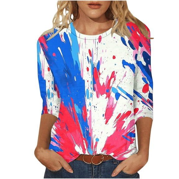 Lpmadey Red White and Blue Shirts for Women Crew Neck 3/4 Sleeve Patriotic T shirts American Flag Graphic Tunic Tops