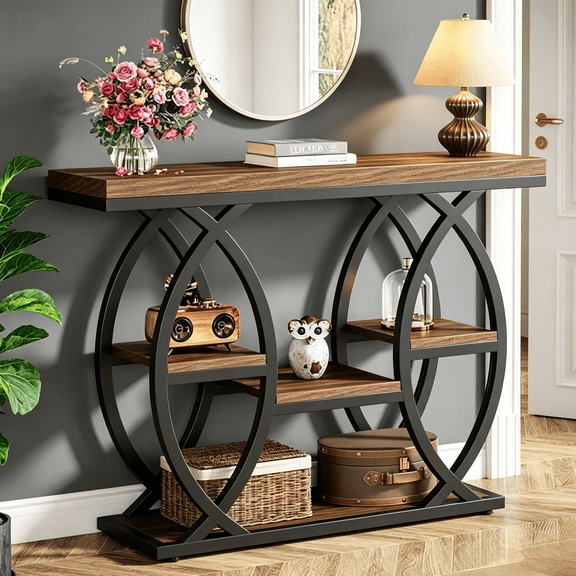 4-Tier Industrial Console Table - Rustic Narrow Accent Table with Metal Base for Entryway, Living Room & Small Spaces